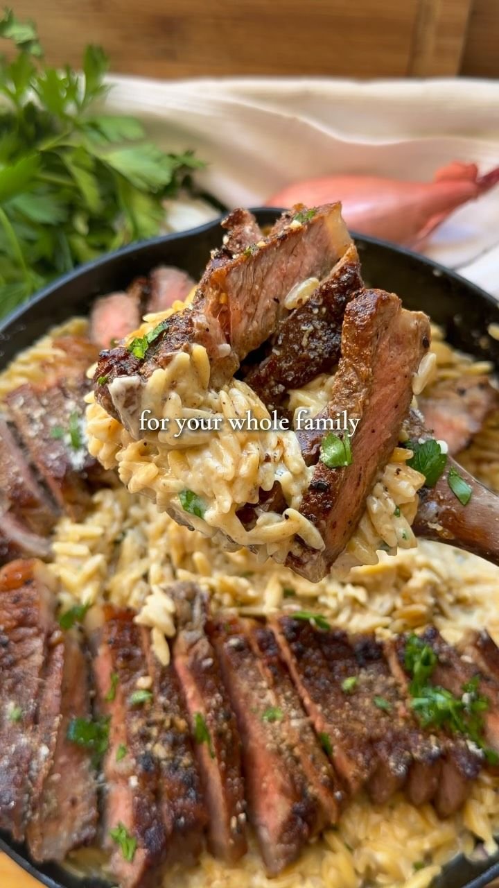 Garlic Parmesan Orzo with Seared Steak